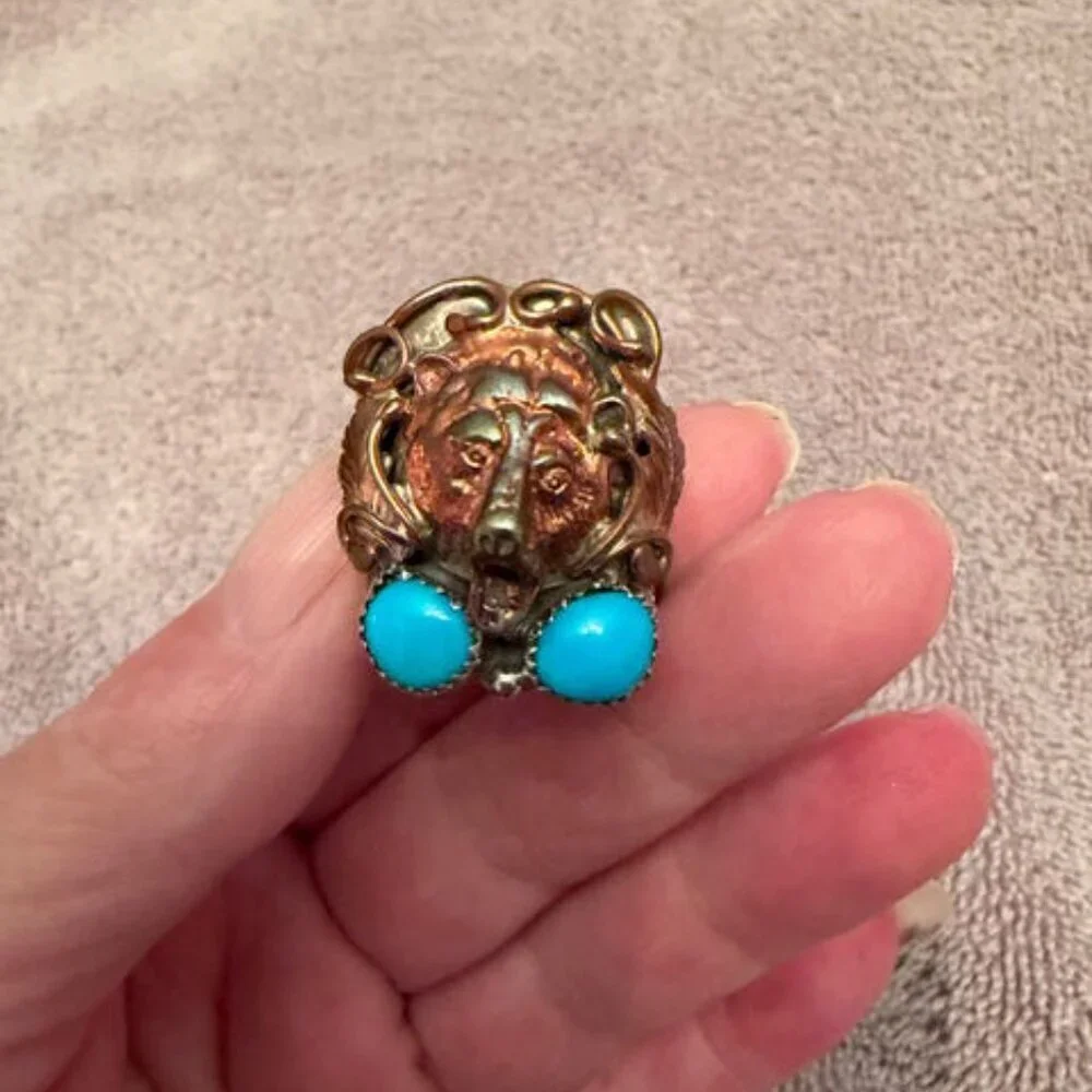 Navajo Sterling Silver Turquoise Copper Bear Ring Sz 10 Native American RB 16g
